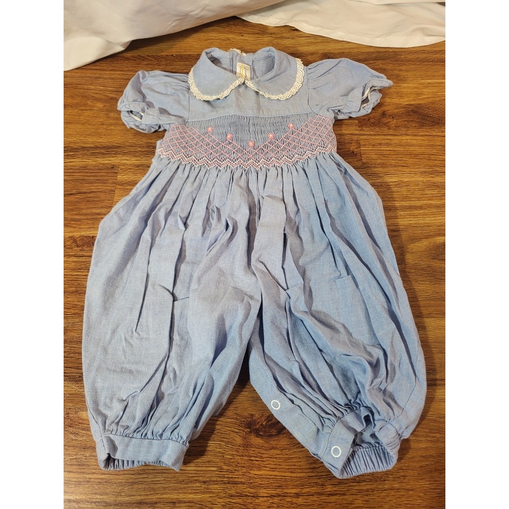 Lord & Taylor Vintage Denim Peter Pan Collar Smocked Bubble Romper 9 months